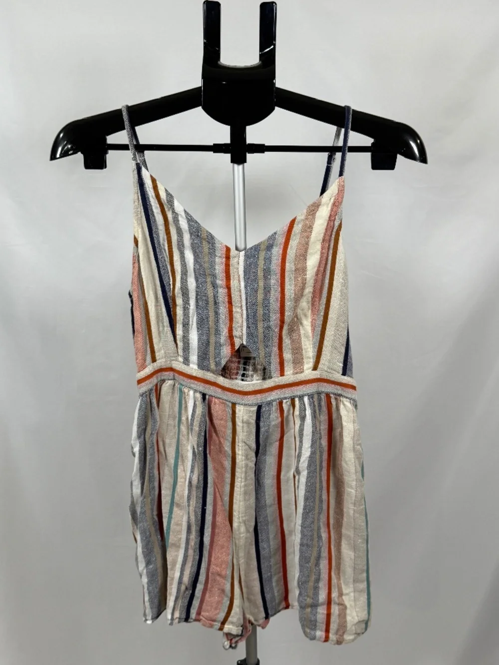 American Eagle Striped Linen Blend Cutout Romper Medium